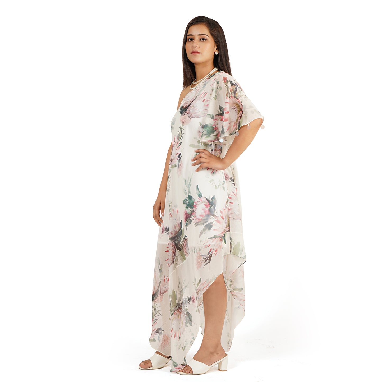 Floral One Shoulder Long Dress with Ruffle Sleeve – Digital Printed