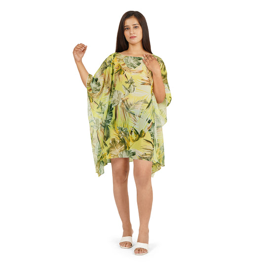 Green Tropical Leaves Digital Printed Kaftan Dress for Women