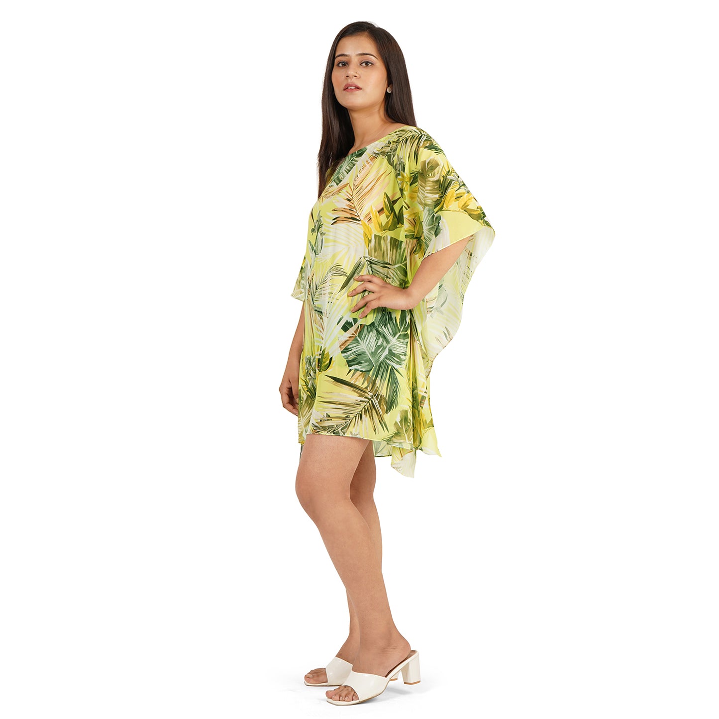 Green Tropical Leaves Digital Printed Kaftan Dress for Women