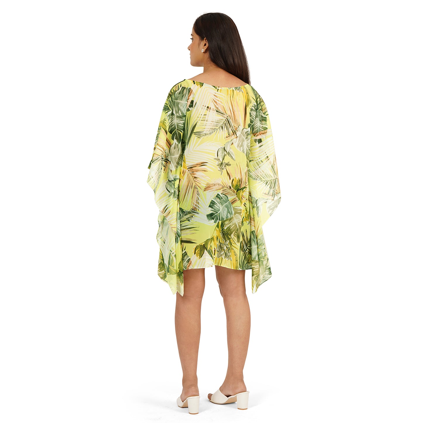 Green Tropical Leaves Digital Printed Kaftan Dress for Women