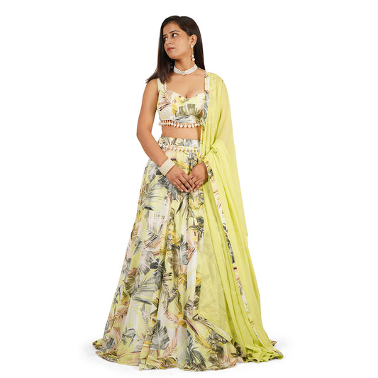 Green Leaves Digital Printed Lehenga Blouse Dupatta Set