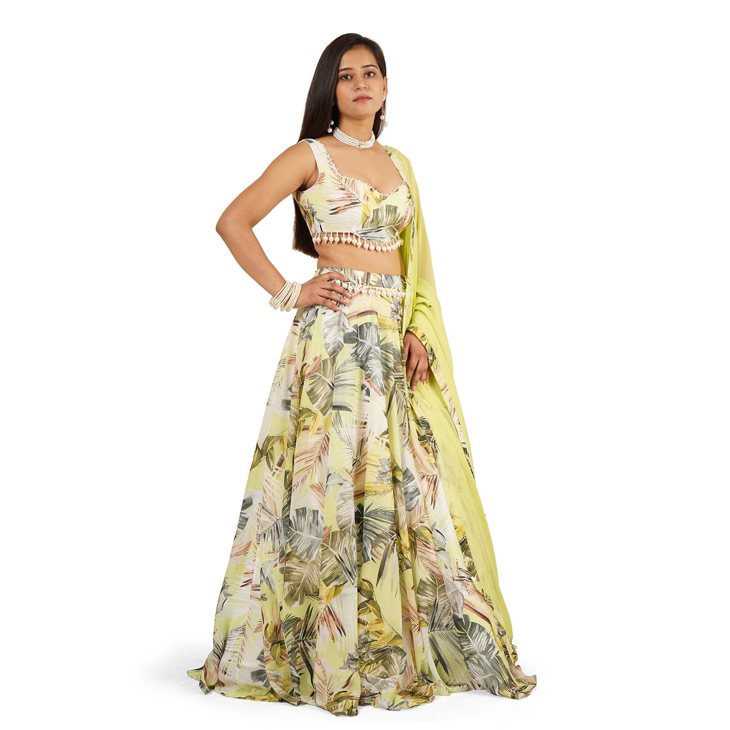 Green Leaves Digital Printed Lehenga Blouse Dupatta Set