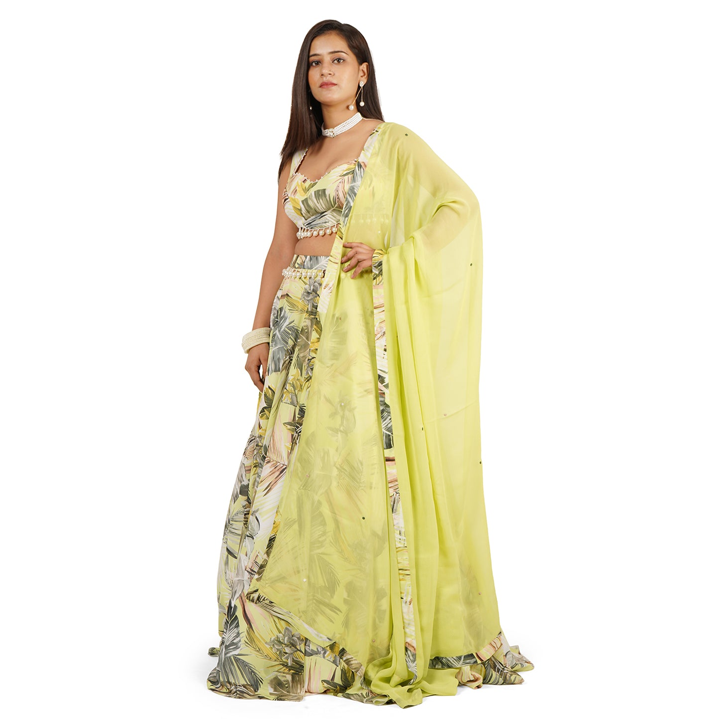 Green Leaves Digital Printed Lehenga Blouse Dupatta Set