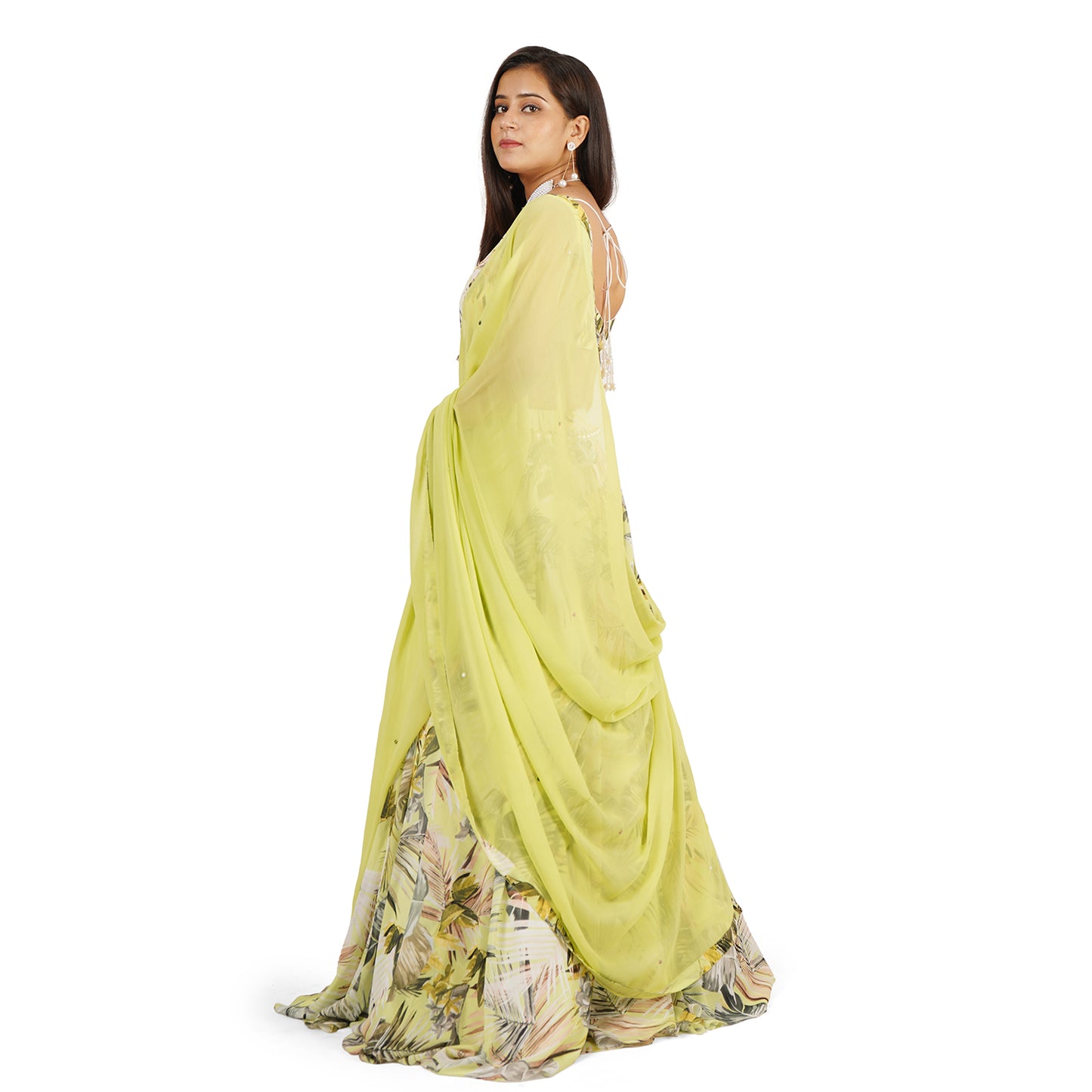 Green Leaves Digital Printed Lehenga Blouse Dupatta Set