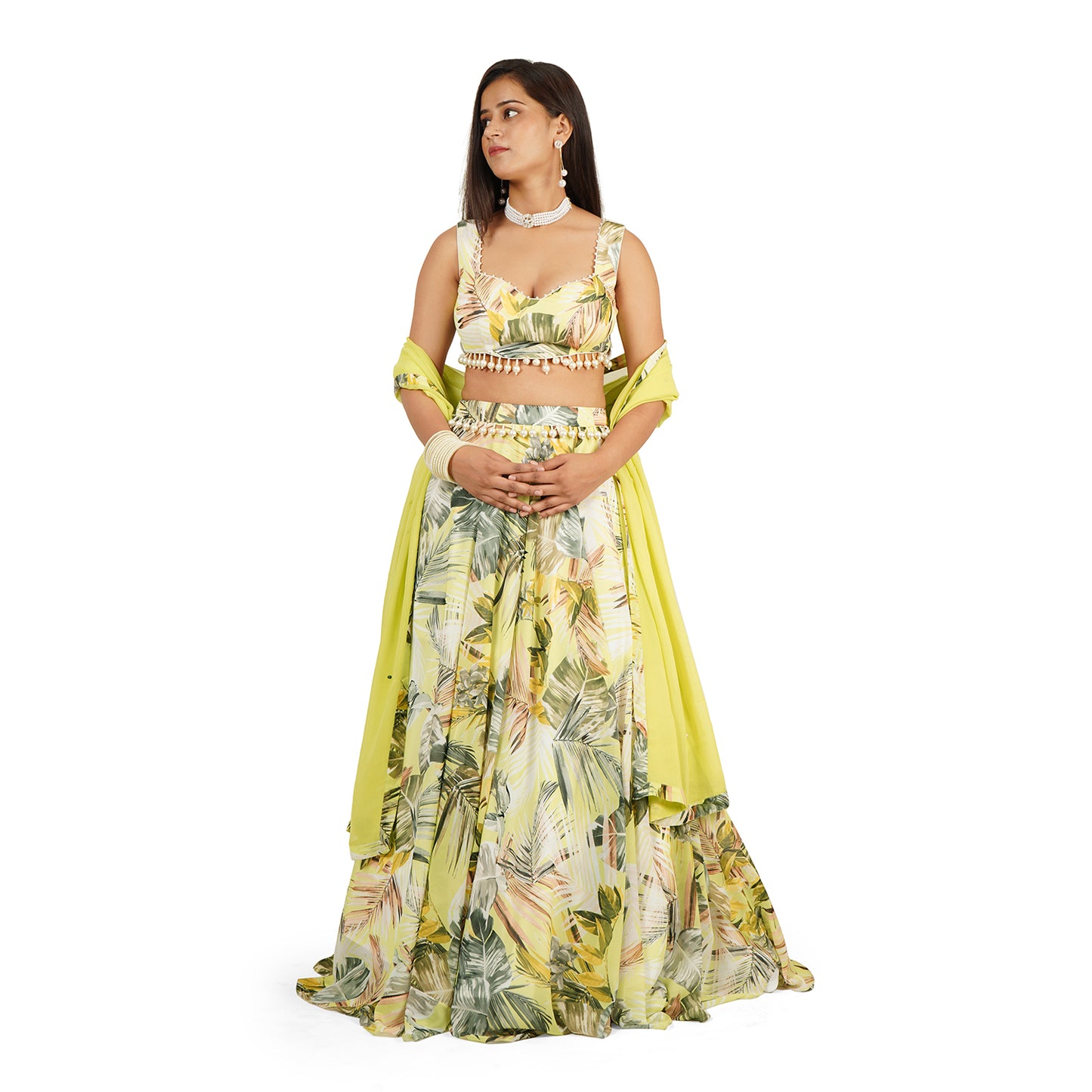Green Leaves Digital Printed Lehenga Blouse Dupatta Set