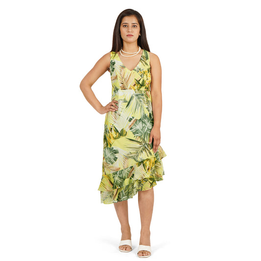 Trendy Green Leaves Digital Printed Georgette Ruffle Hem Western Dress for Women