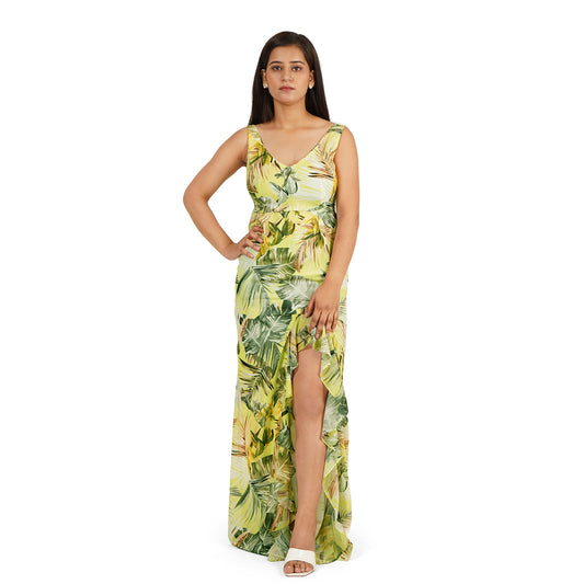 Stylish Green Leaves Digital Printed Georgette High Slit Western Dress for Women