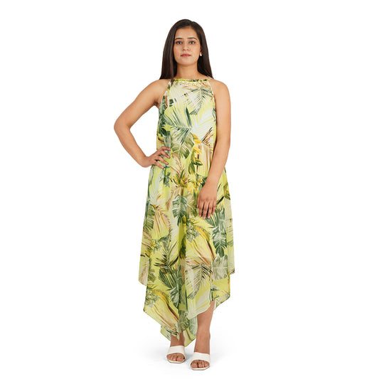 Green Leaves Digital Printed Western Dress for Women