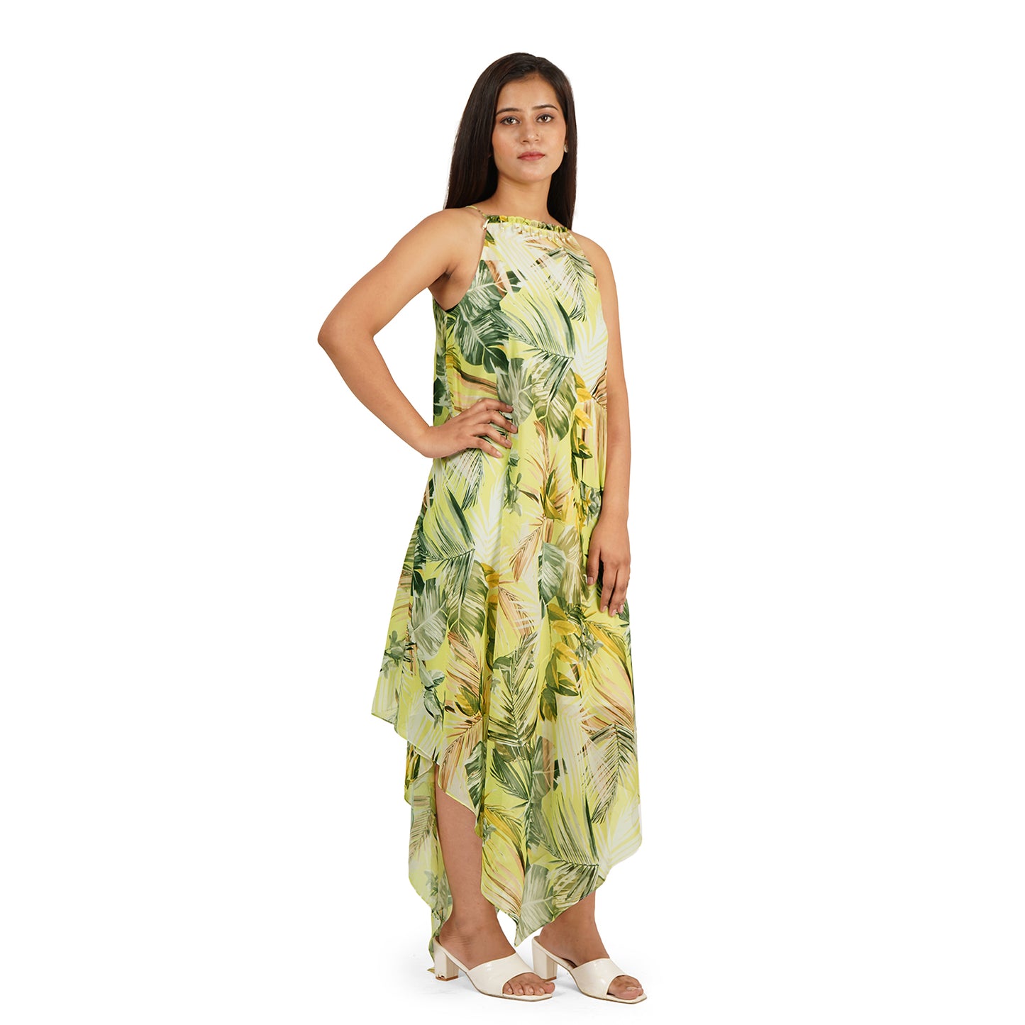 Green Leaves Digital Printed Western Dress for Women