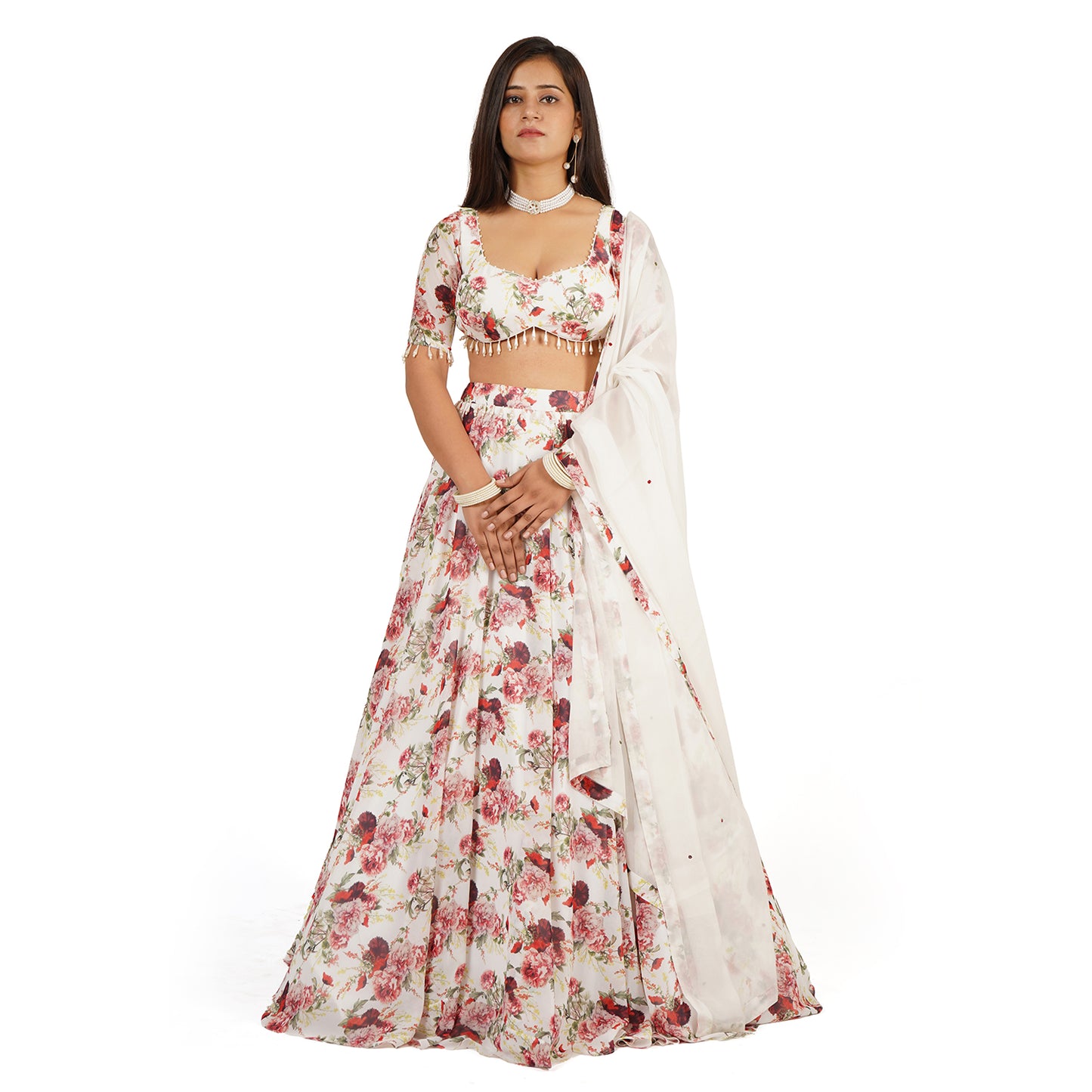 Red Rose Digital Printed Lehenga Blouse Dupatta Set
