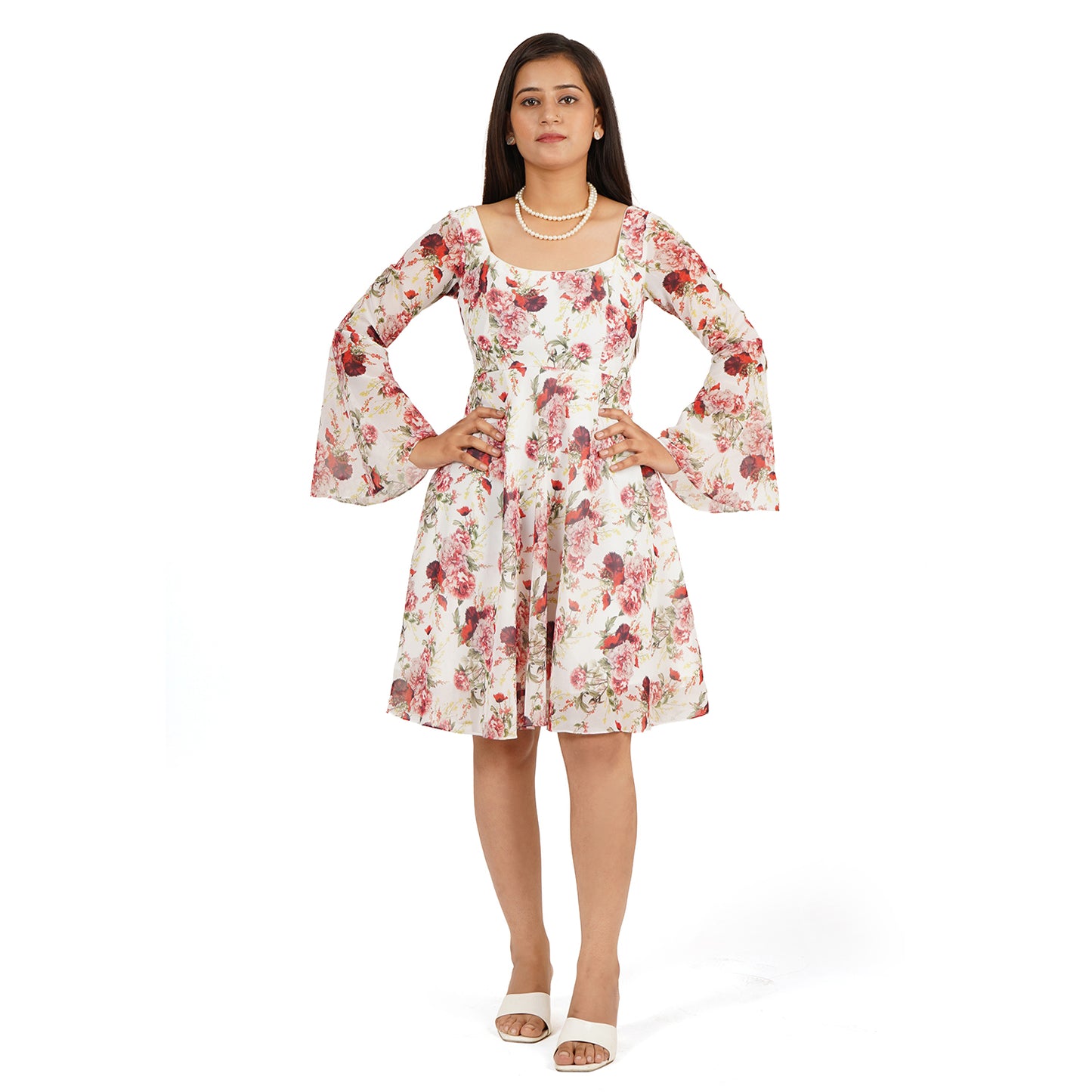 Red Rose Floral Digital Printed Fit & Flare Dress for Women