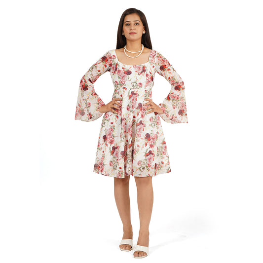 Red Rose Floral Digital Printed Fit & Flare Dress for Women