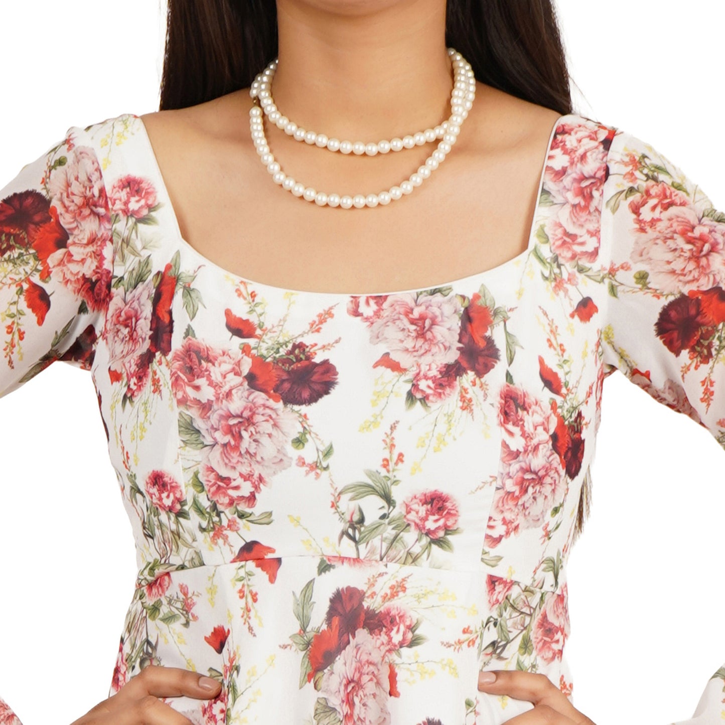 Red Rose Floral Digital Printed Fit & Flare Dress for Women