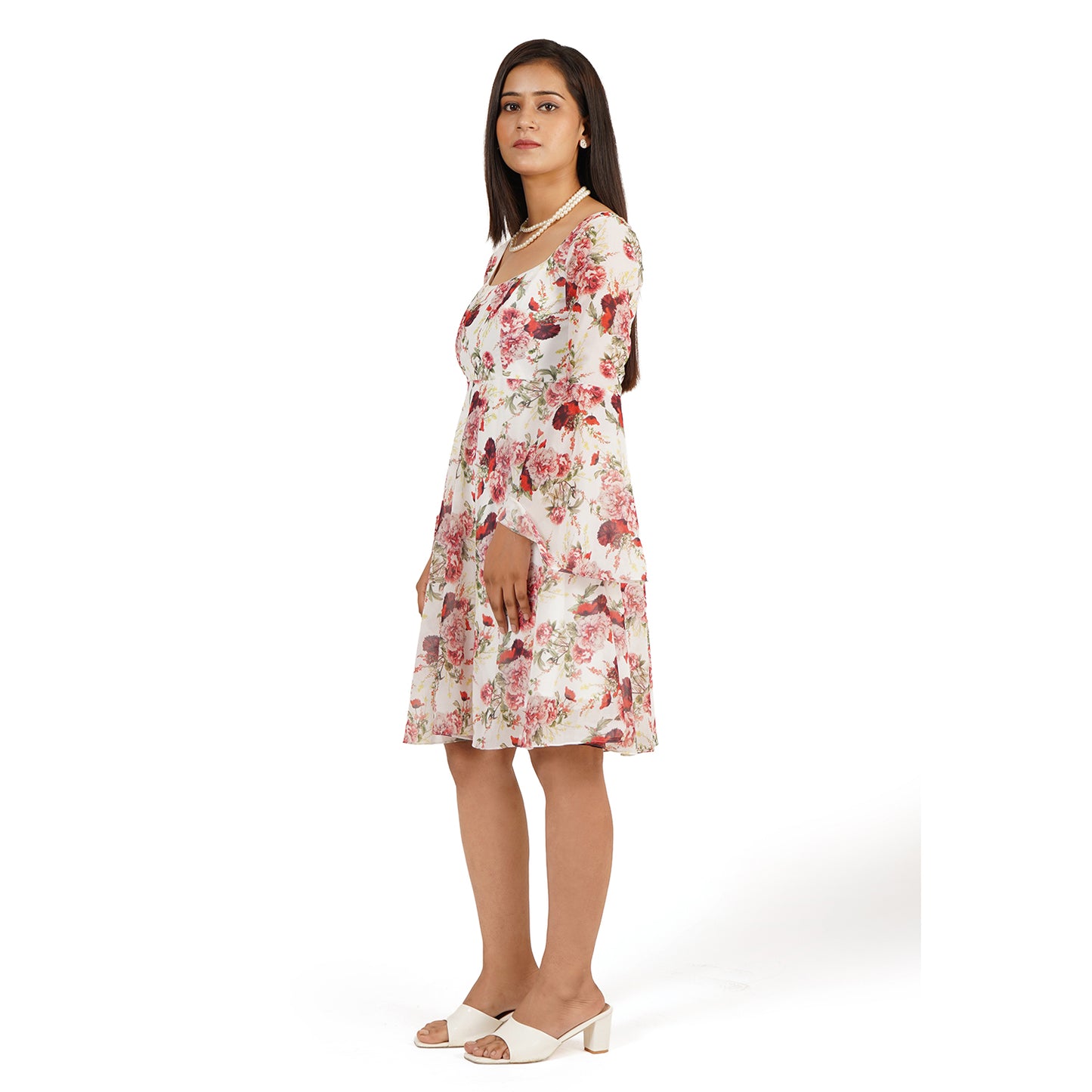 Red Rose Floral Digital Printed Fit & Flare Dress for Women