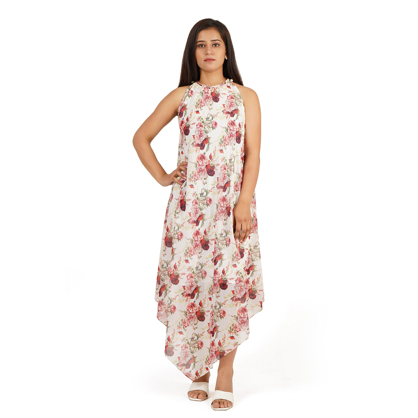 Red Rose Floral Digital Printed Tiered Long Dress for Women