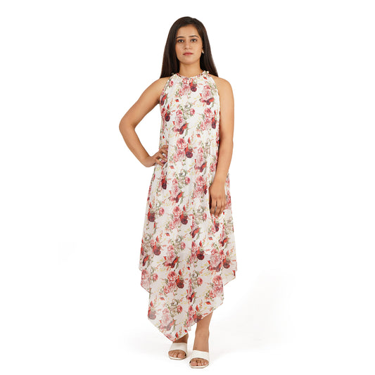 Red Rose Floral Digital Printed Tiered Long Dress for Women