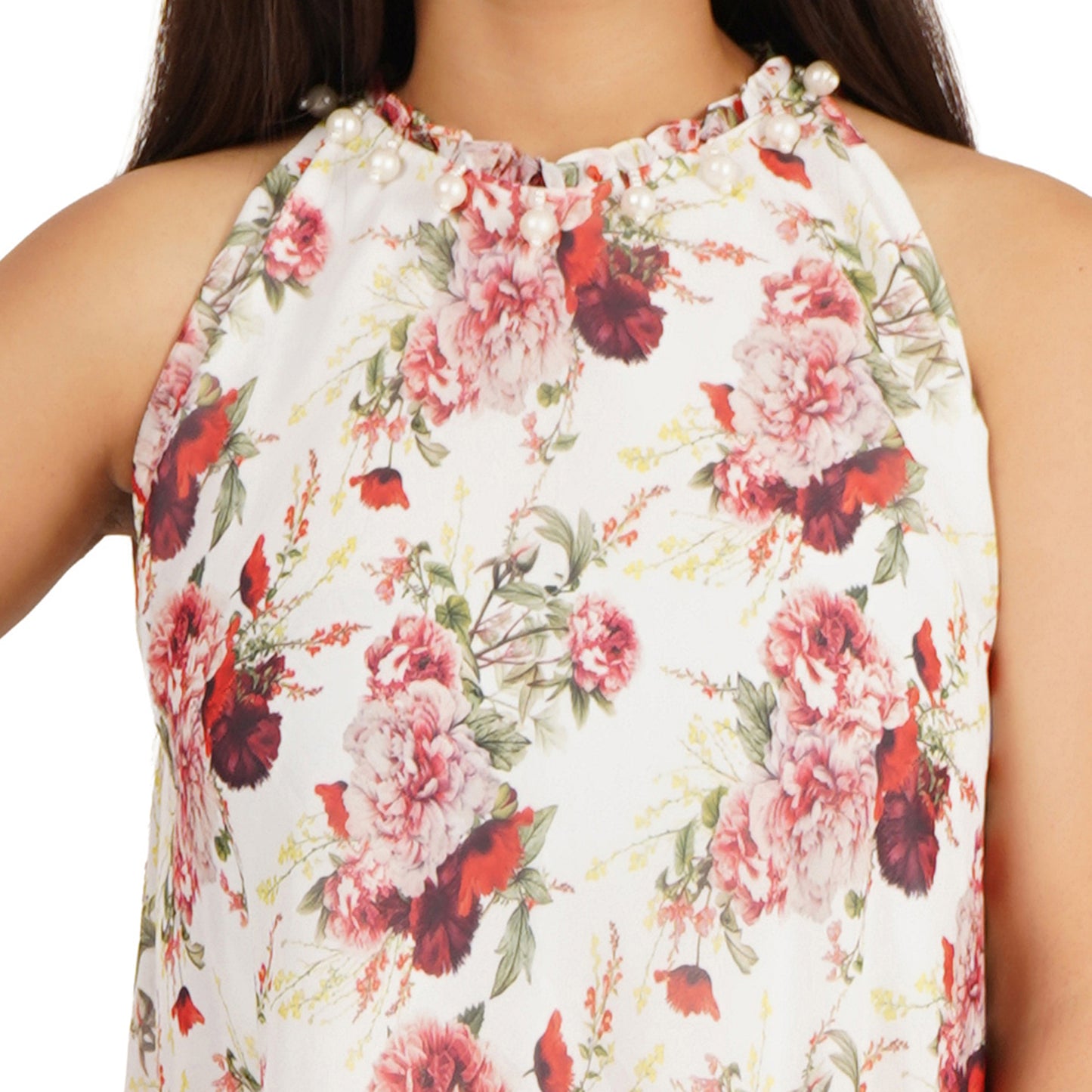 Red Rose Floral Digital Printed Tiered Long Dress for Women
