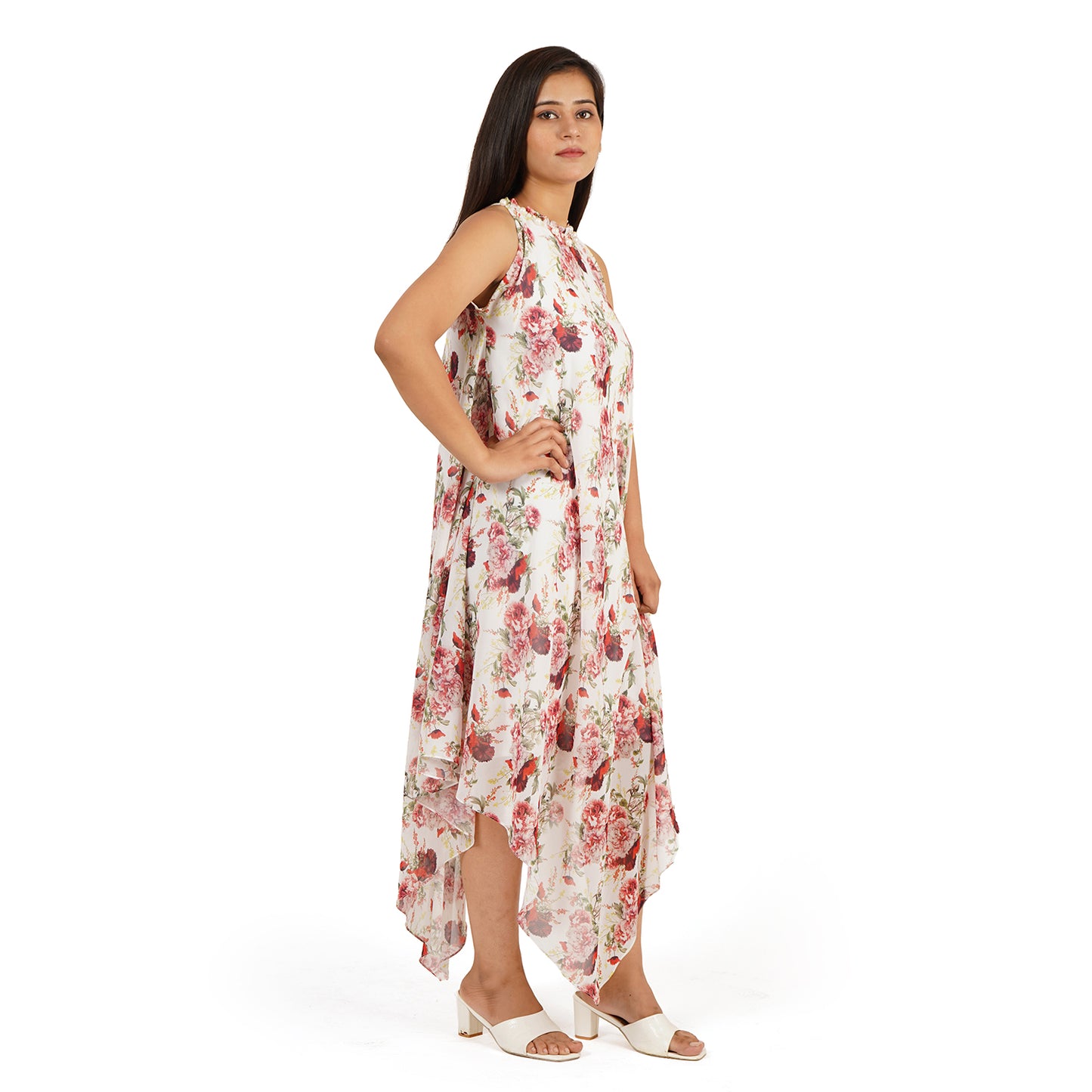 Red Rose Floral Digital Printed Tiered Long Dress for Women