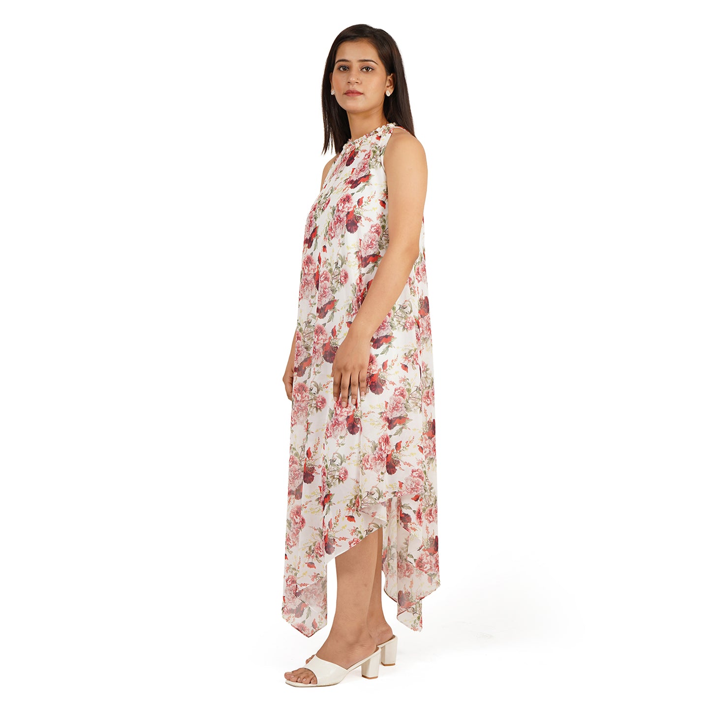 Red Rose Floral Digital Printed Tiered Long Dress for Women