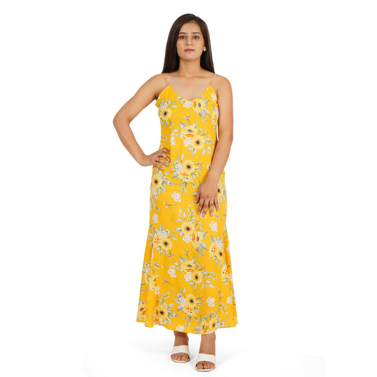 Yellow Printed A-Line Long Dress