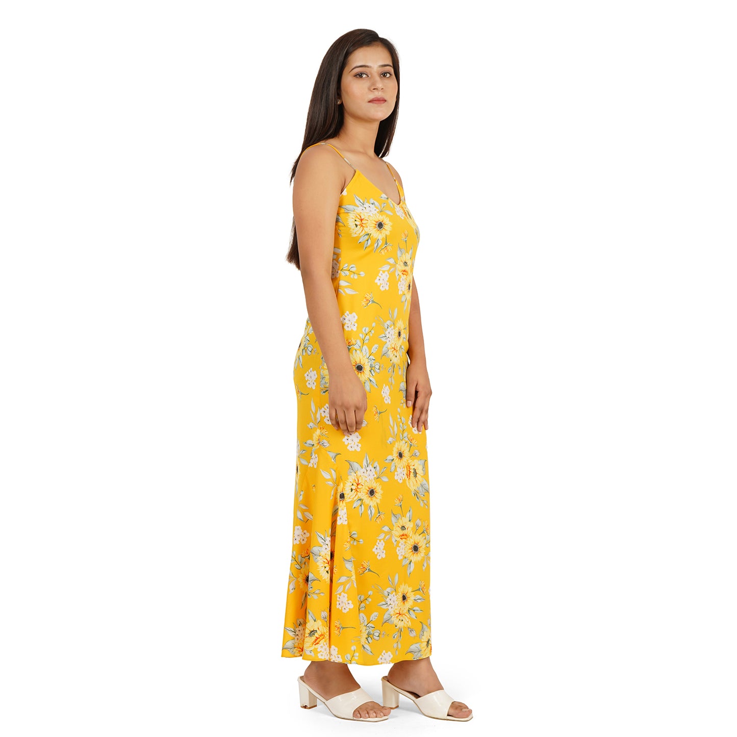Yellow Printed A-Line Long Dress