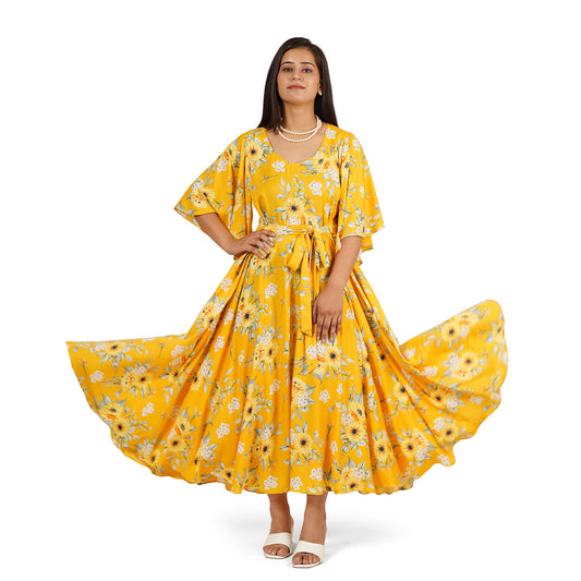 Yellow Floral Printed Full Circle Long Dress for Women – Summer Cool Fabric