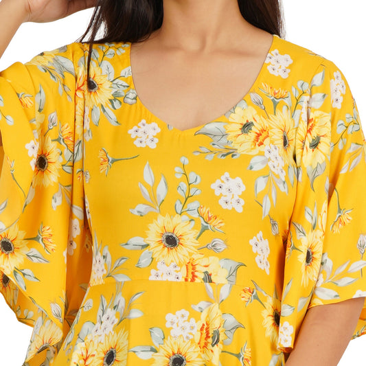 Yellow Floral Printed Full Circle Long Dress for Women – Summer Cool Fabric