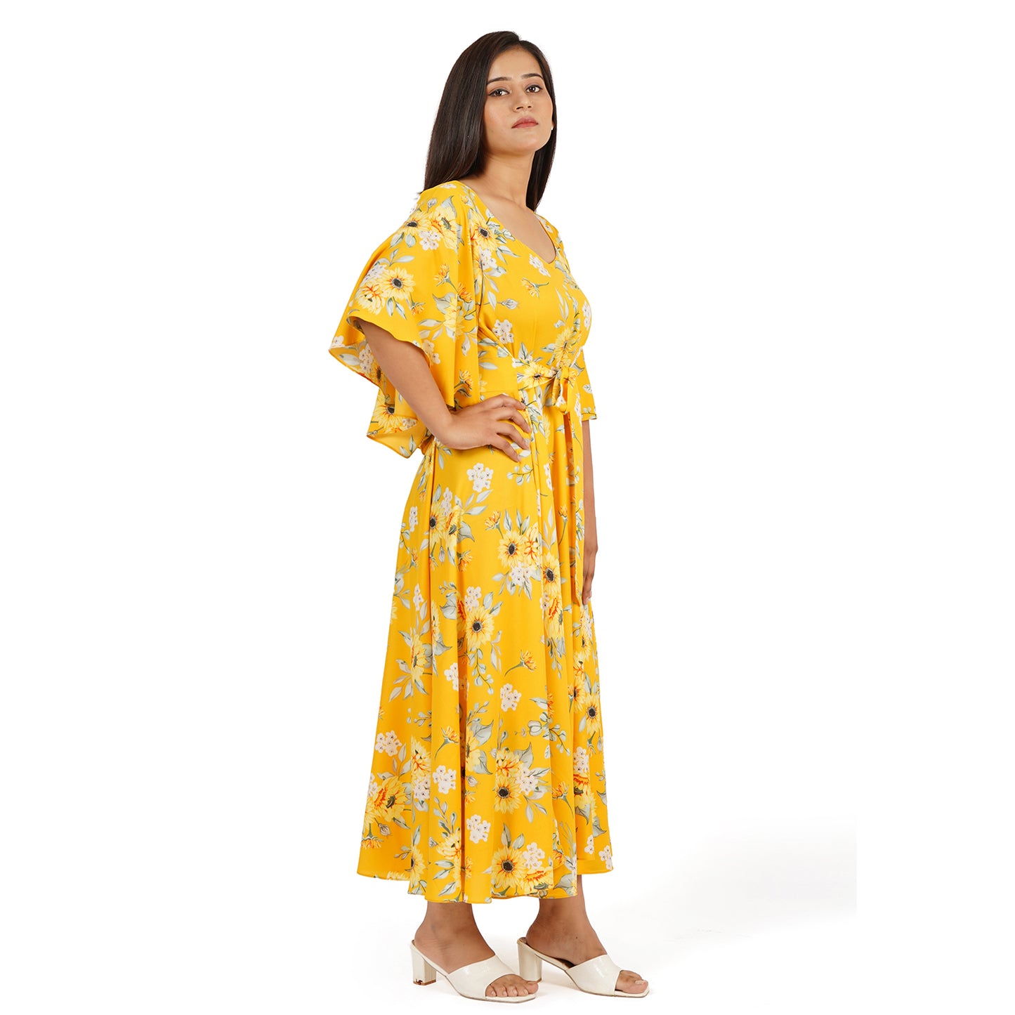 Yellow Floral Printed Full Circle Long Dress for Women – Summer Cool Fabric