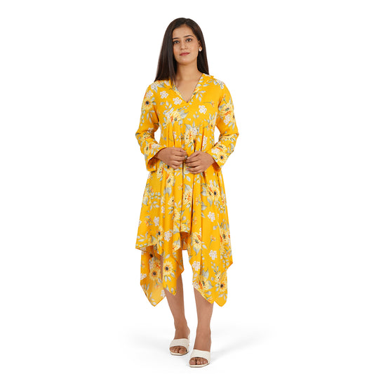 Yellow Floral Printed High-Low Dress with Full Sleeves – Summer Cool Fabric