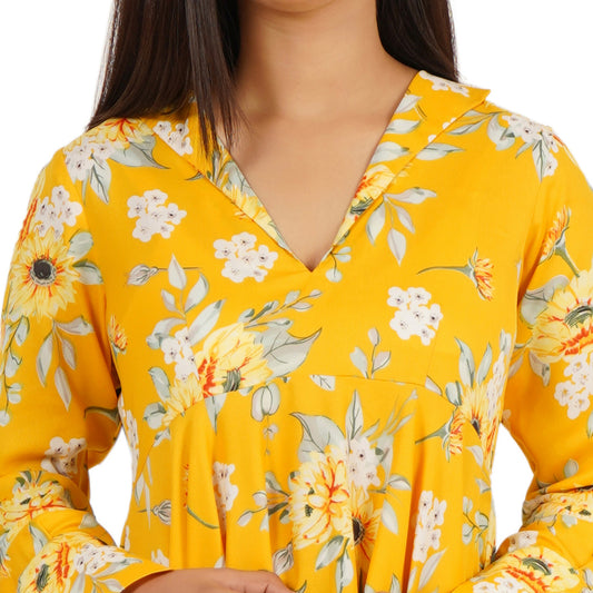 Yellow Floral Printed High-Low Dress with Full Sleeves – Summer Cool Fabric