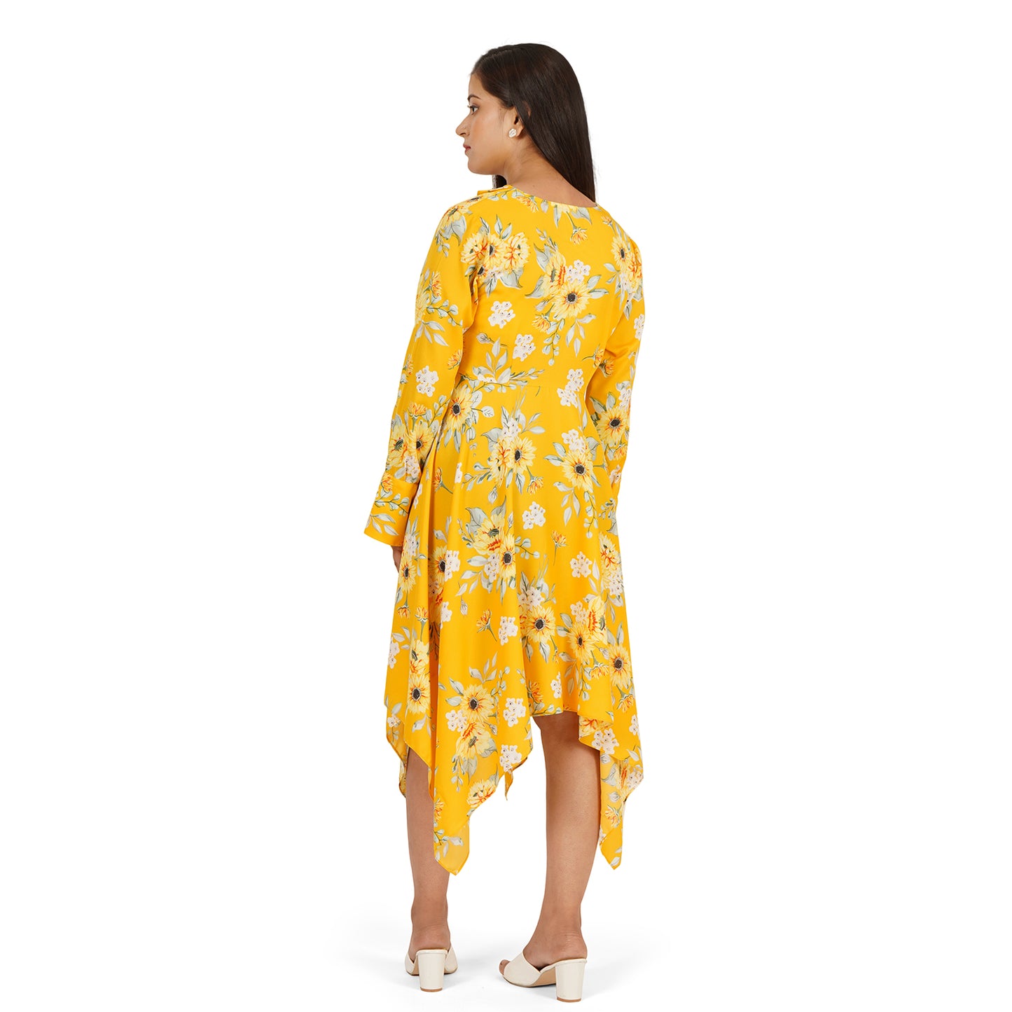 Yellow Floral Printed High-Low Dress with Full Sleeves – Summer Cool Fabric