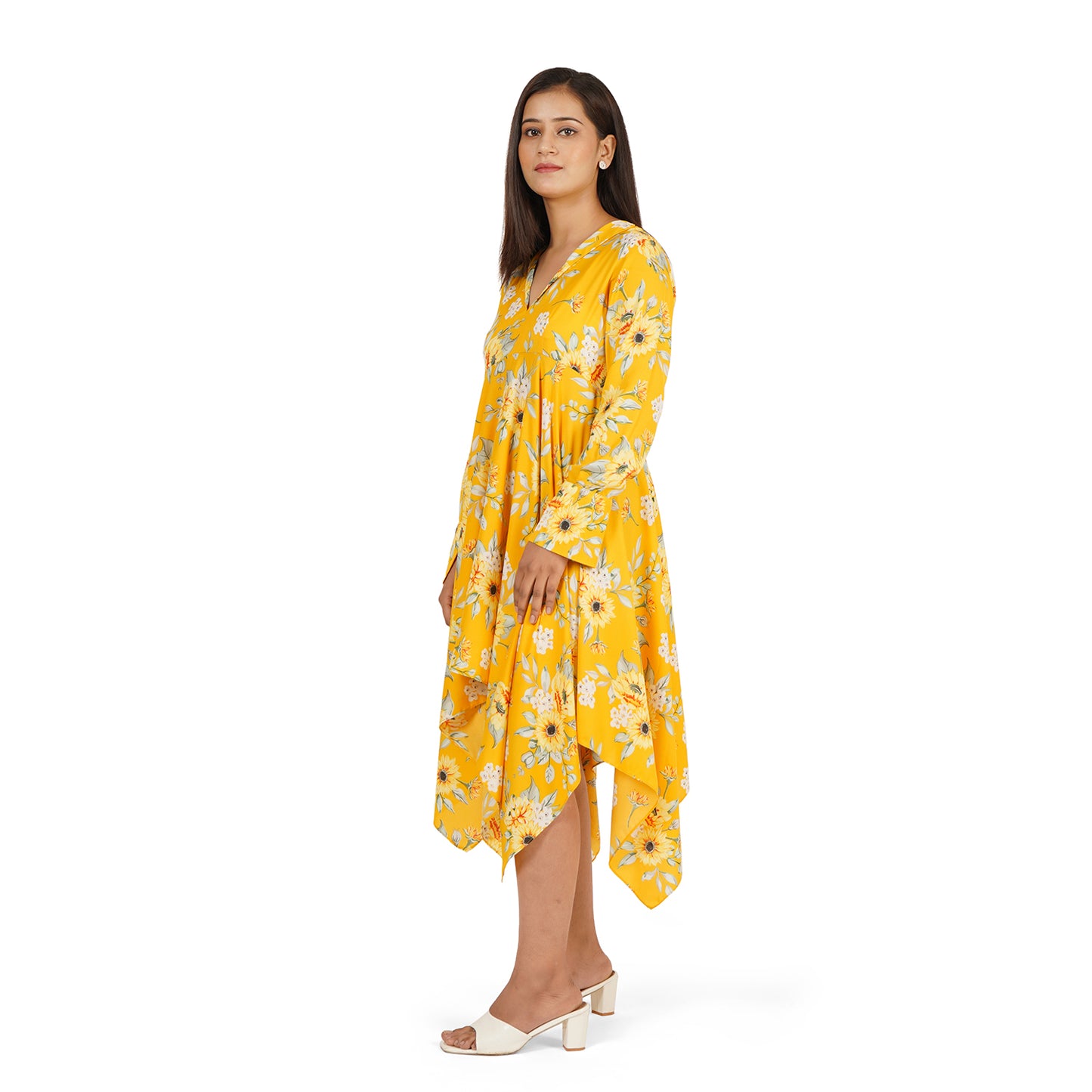 Yellow Floral Printed High-Low Dress with Full Sleeves – Summer Cool Fabric