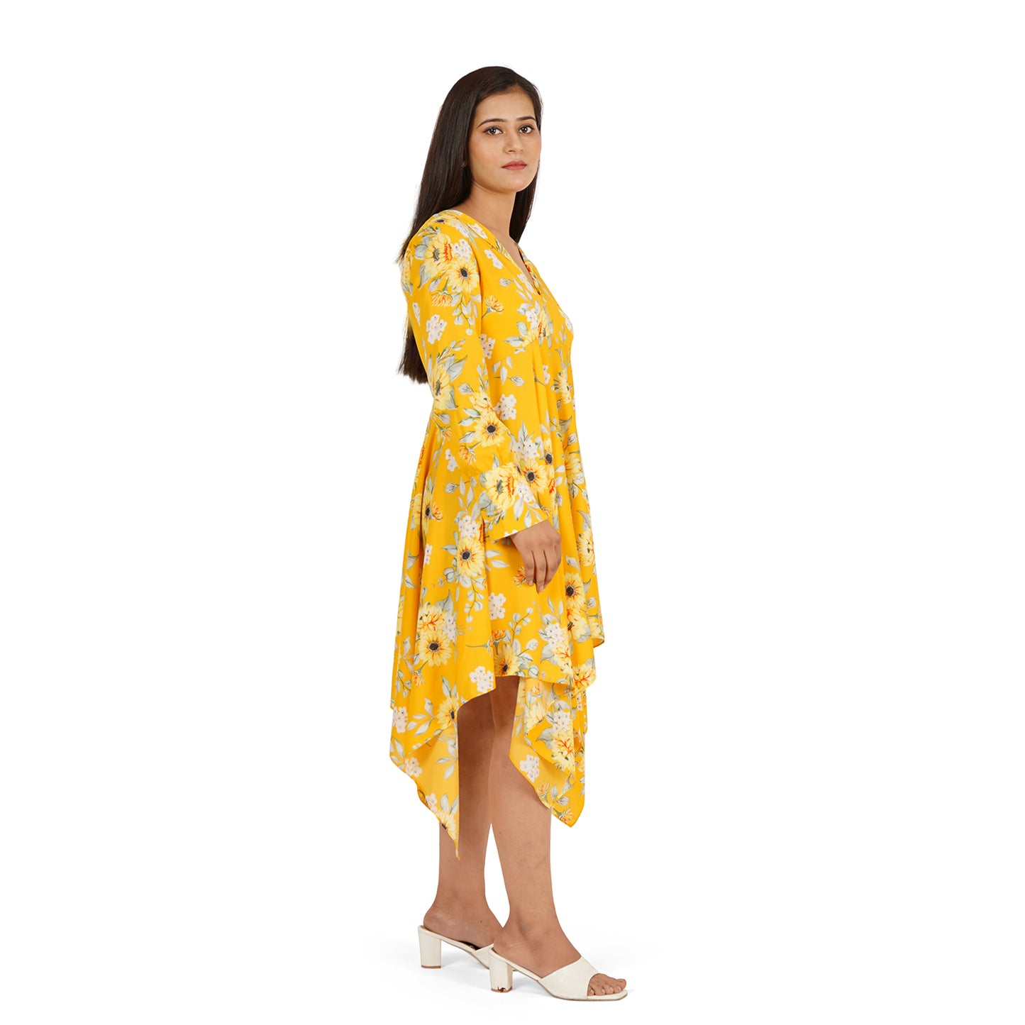 Yellow Floral Printed High-Low Dress with Full Sleeves – Summer Cool Fabric