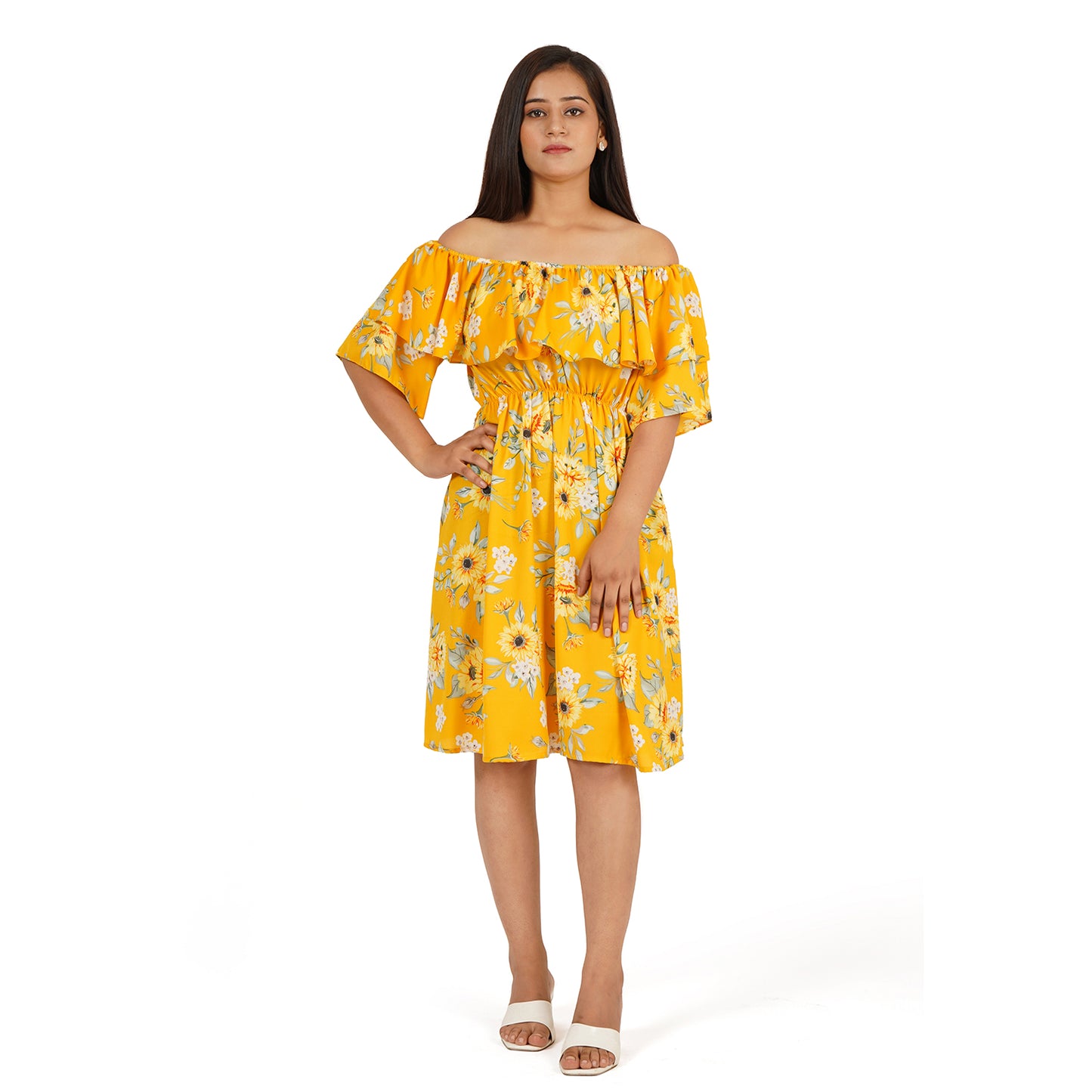 Yellow Floral Printed Off-Shoulder Ruffle Dress – Summer Cool Fabric