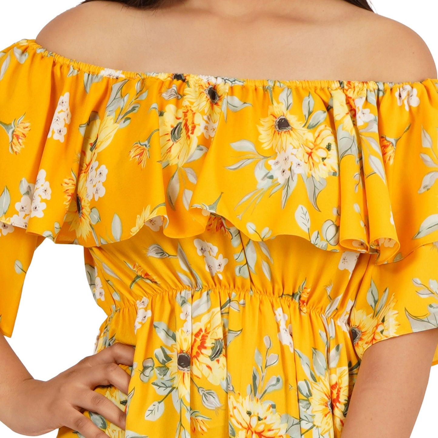 Yellow Floral Printed Off-Shoulder Ruffle Dress – Summer Cool Fabric