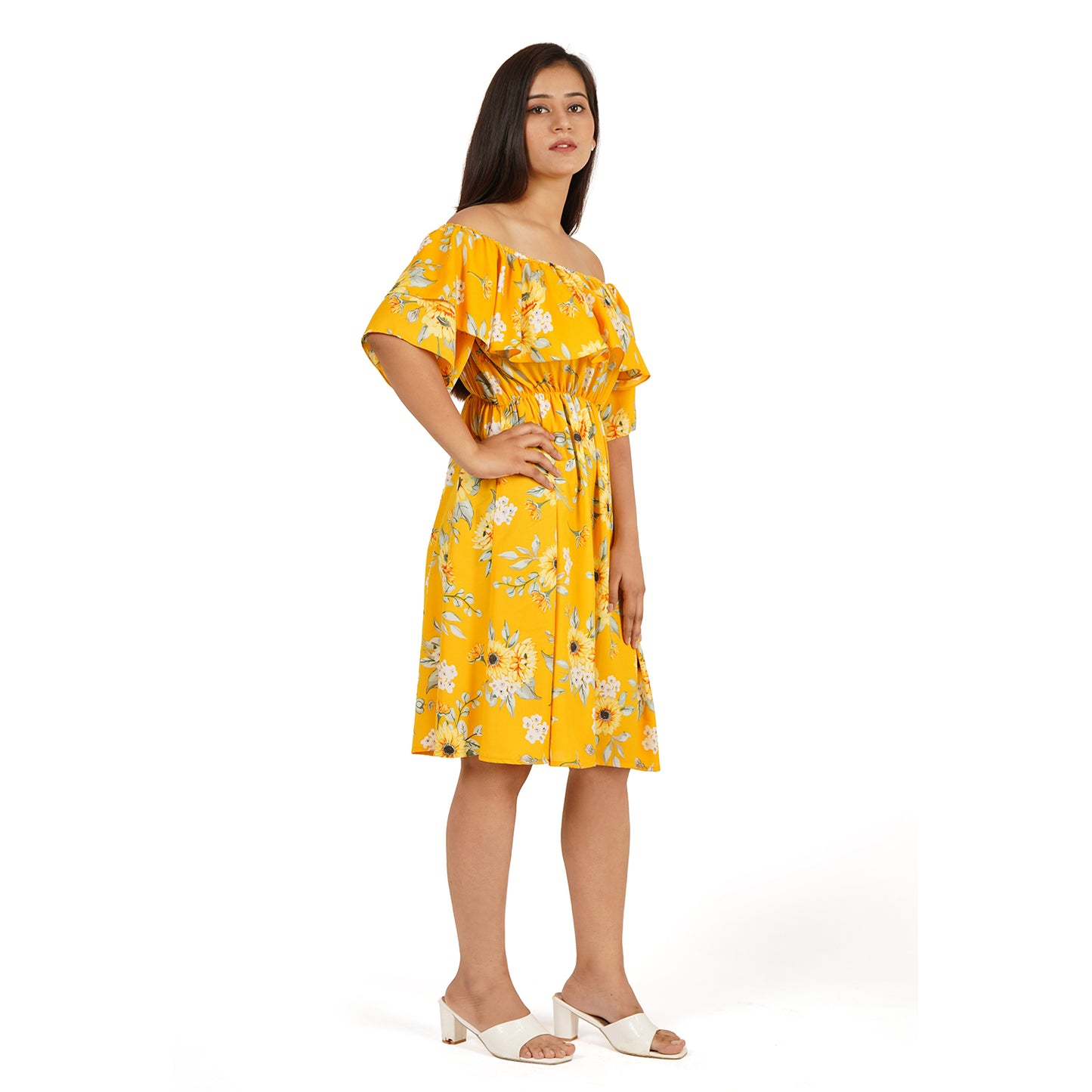 Yellow Floral Printed Off-Shoulder Ruffle Dress – Summer Cool Fabric