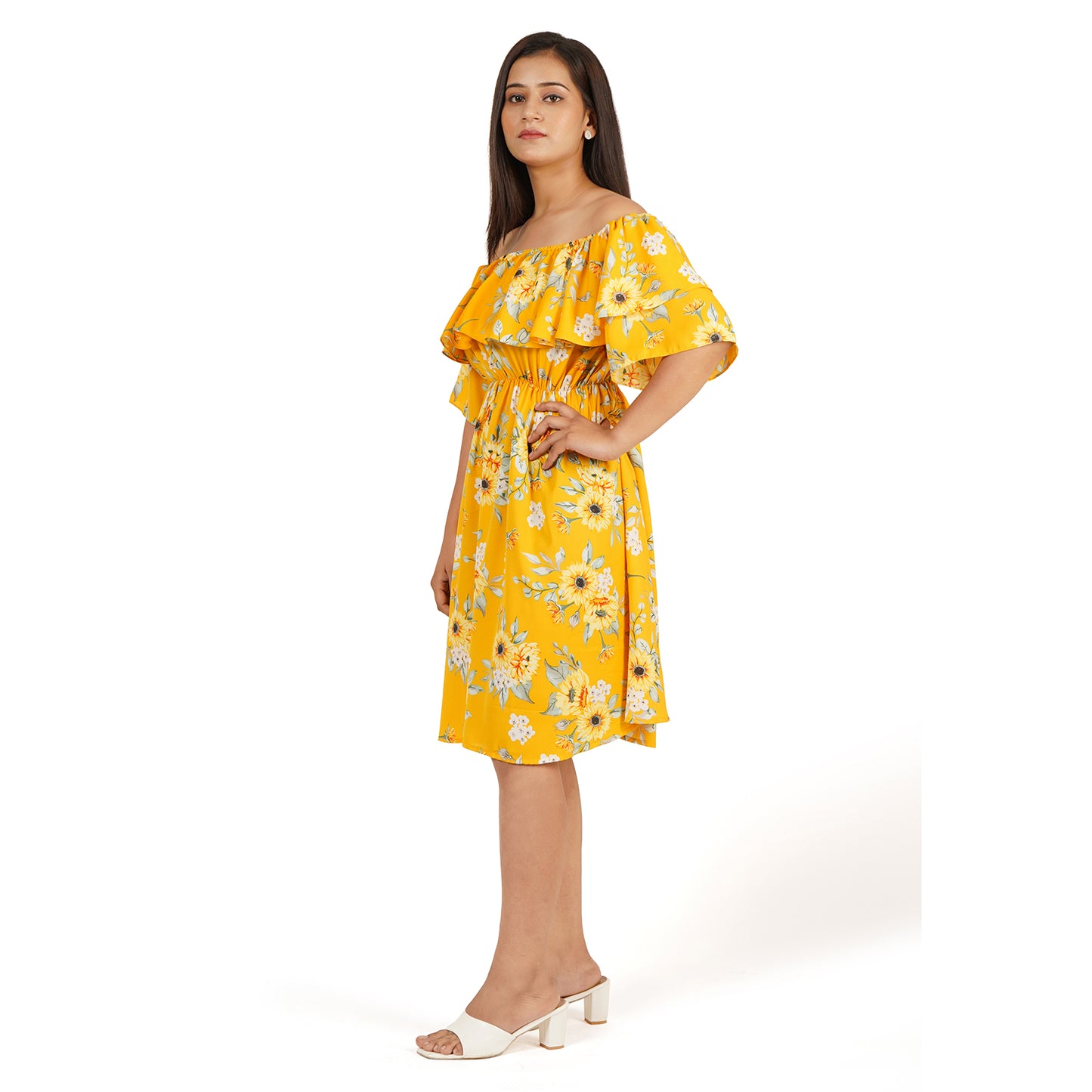 Yellow Floral Printed Off-Shoulder Ruffle Dress – Summer Cool Fabric