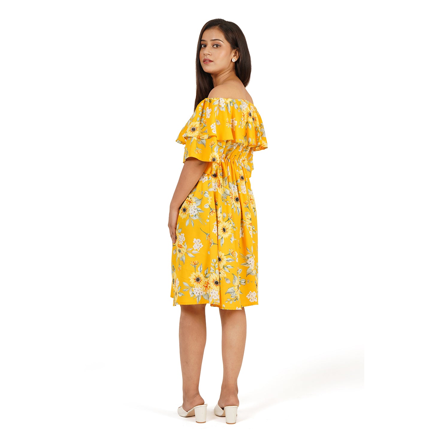 Yellow Floral Printed Off-Shoulder Ruffle Dress – Summer Cool Fabric