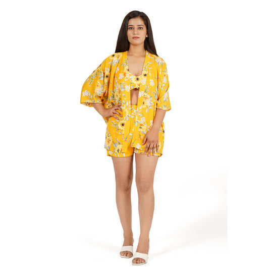 Yellow Floral Printed Shorts Bustier Kaftan Jacket Set – Summer Cool Fabric