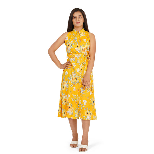 Yellow Floral Sleeveless Shirt Collar Midi Dress – Summer Cool Fabric