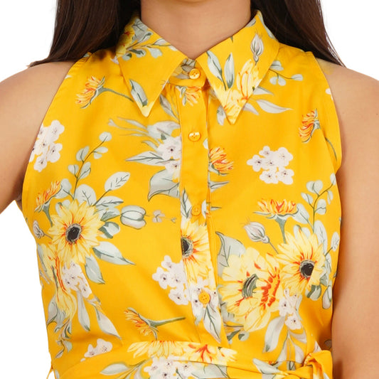Yellow Floral Sleeveless Shirt Collar Midi Dress – Summer Cool Fabric