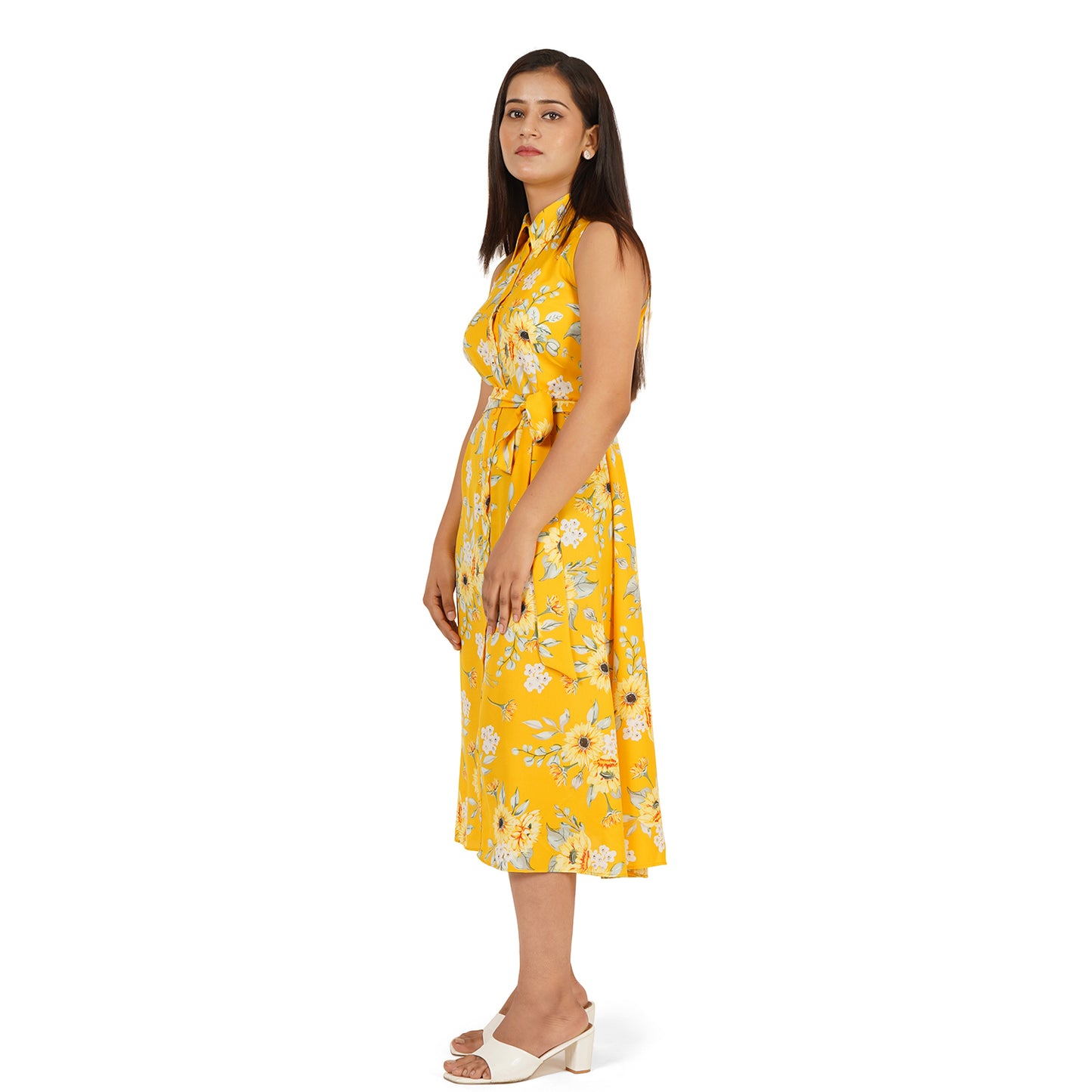 Yellow Floral Sleeveless Shirt Collar Midi Dress – Summer Cool Fabric